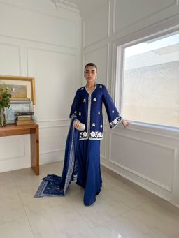 Khushboo & Pankaj - Women's Blue Silk Embroidered Kurta with Pant & Dupatta