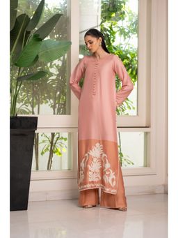 Khushboo & Pankaj - Women's Coral Silk Embroidered Kurta with Pant & Dupatta