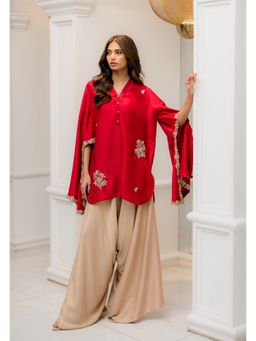 Khushboo & Pankaj - Women's Red Silk Embroidered Kurta and Palazzo