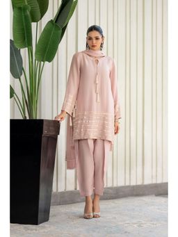 Khushboo & Pankaj - Women's Peach Silk Embroidered Kurta with Pant & Dupatta