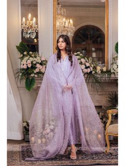 Khushboo & Pankaj - Women's Purple Silk Embroidered Kurta with Pant & Dupatta