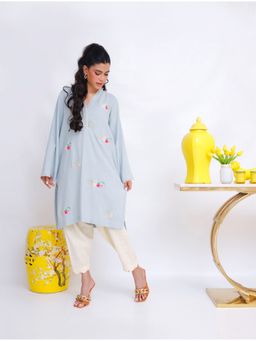 Khushboo & Pankaj - Women's Blue Blended Embroidered Kurta and Pant