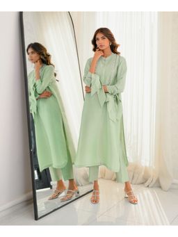Khushboo & Pankaj - Women's Green Silk Embroidered Kurta and Pant