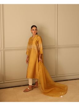 Khushboo & Pankaj - Women's Yellow Cotton Solid Kurta with Pant & Dupatta