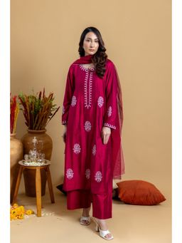 Khushboo & Pankaj - Women's Red Cotton Solid Kurta with Pant & Dupatta