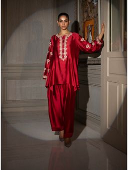 Khushboo & Pankaj - Women's Red Silk Embroidered Kurta and Pant