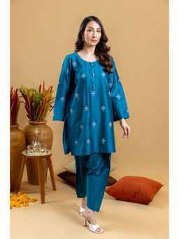 Khushboo & Pankaj - Women's Blue Cotton Solid Kurta and Pant