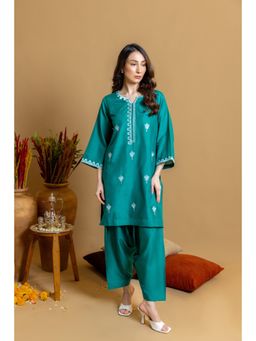 Khushboo & Pankaj - Women's Blue Cotton Embroidered Kurta and Pant