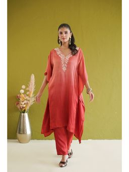 Masoomm - Women's Red Shanton Embroidered Kaftan and Pant