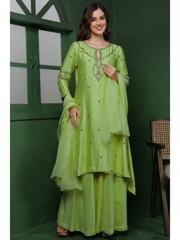 MILU MADAN - Women's Green Silk Embroidered Kurta with Sharara & Dupatta