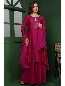 MILU MADAN - Women's Burgundy Silk Embroidered Kurta with Sharara & Dupatta