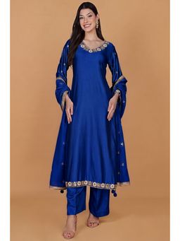 MILU MADAN - Women's Blue Silk Embroidered Kurta with Palazzo & Dupatta