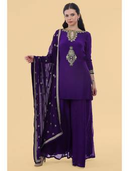 MILU MADAN - Women's Purple Organza Embroidered Kurti with Sharara & Dupatta