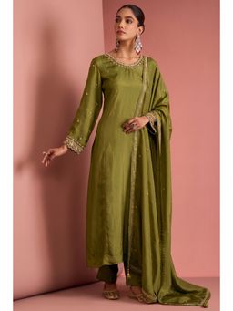 MILU MADAN - Women's Green Silk Embroidered Kurta with Pant & Dupatta