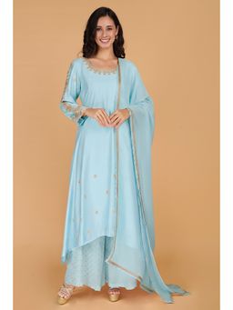 MILU MADAN - Women's Blue Silk Embroidered Kurta with Palazzo & Dupatta