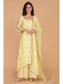 MILU MADAN - Women's Yellow Silk Embroidered Kurta with Palazzo & Dupatta