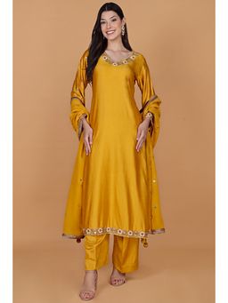 MILU MADAN - Women's Yellow Silk Embroidered Kurta with Palazzo & Dupatta