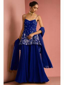 MILU MADAN - Women's Blue Georgette Embroidered Kurti with Sharara & Dupatta