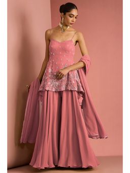 MILU MADAN - Women's Coral Georgette Embroidered Kurti with Sharara & Dupatta