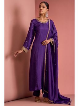 MILU MADAN - Women's Purple Silk Embroidered Kurta with Pant & Dupatta