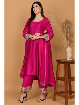 MILU MADAN - Women's Pink Georgette Embroidered Kurta with Pant & Dupatta