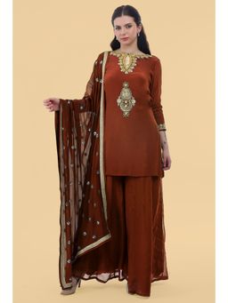 MILU MADAN - Women's Brown Organza Embroidered Kurta with Palazzo & Dupatta