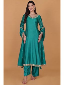 MILU MADAN - Women's Teal Silk Embroidered Kurta with Pant & Dupatta