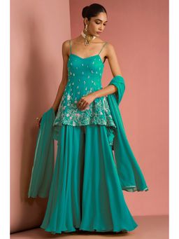 MILU MADAN - Women's Green Georgette Embroidered Kurti with Sharara & Dupatta