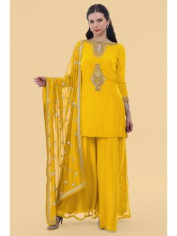 MILU MADAN - Women's Yellow Organza Embroidered Kurta with Palazzo & Dupatta