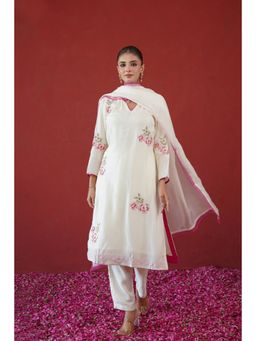Masoomm - Women's White Silk Embroidered Kurta with Pant & Dupatta
