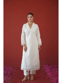 Masoomm - Women's White Shanton Embroidered Kurta and Pant