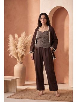 WOOMN - Women's Black Cotton Abstract Jacket with Top & Pant