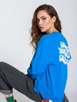 Styli - Regular Fit Slogan Print Regular Length Sweatshirt Blue