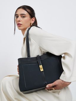 Styli - Women Black Patch Pocket Detail with Twist Lock Buckle Lock Strap Handbag