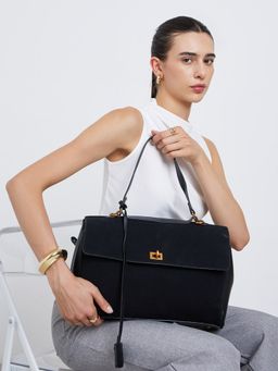 Styli - Women Velvet Textured Embellished Lock and Tassels Handbag