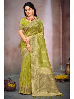 Sangam Prints - Light Green Organza Woven Zari Work Traditional Tassel Saree with Unstitched Blouse