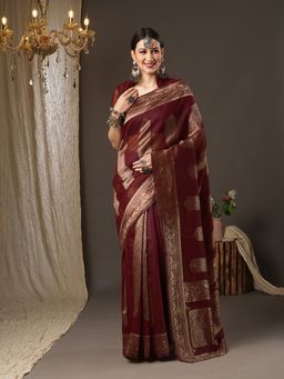 Akhilam - Womens Cotton Silk Maroon Woven Design Designer Saree with Unstitched Blouse