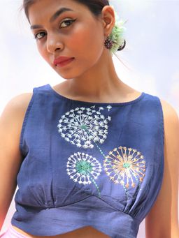 Chidiyaa - Blue Dandelion Sleeveless Hand Embroidered Handwoven Cotton Blouse - Fos