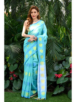 Beatitude - Blue Handloom Cotton Silk Saree with Unstitched Blouse