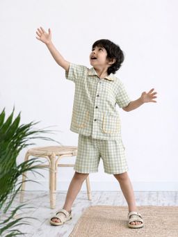 Somersault - Boys Green Checks Cotton Shirt and Shorts Set