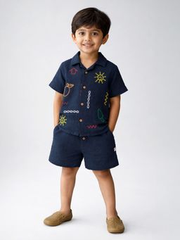 Somersault - Boys Blue Embroidered Cotton Shirt and Shorts Set