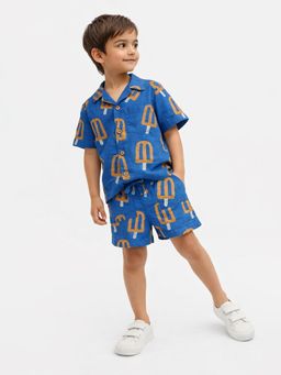 Somersault - Boys Blue Printed Cotton Shirt and Shorts Set