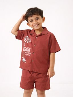 Somersault - Boys Rust Printed Cotton Shirt and Shorts Set