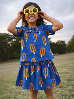 Somersault - Girls All Over Printed Blue Cotton Top and Skirt Set