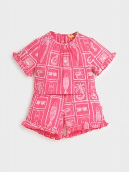 Somersault - Girls All Over Printed Pink Cotton Top and Short Set
