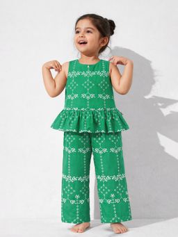 Somersault - Girls Schiffli Green Cotton Top and Pants Set