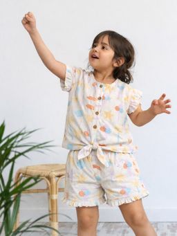 Somersault - Girls All Over Printed Beige Cotton Top and Short Set