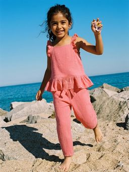 Somersault - Girls Solid Pink Cotton Top and Pant Co-Ord Set