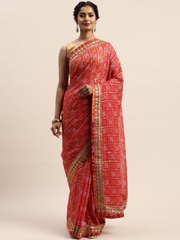 Vastranand - Maroon & Beige Printed Bandhani Saree with Unstitched Blouse