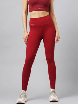 Fitkin - Women Solid Quick Dry High Rise Training Tights Side Mesh Panel - Maroon